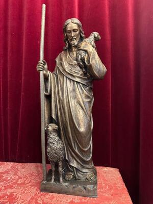 Statue Jesus The Good Shepherd Suitable For Outdoor Use ! style Gothic - Style en Bronze, 20 th century ( Anno 1955 )