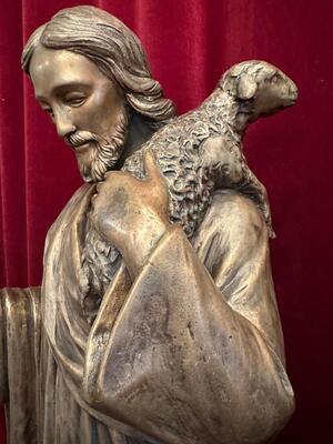 Statue Jesus The Good Shepherd Suitable For Outdoor Use ! style Gothic - Style en Bronze, 20 th century ( Anno 1955 )