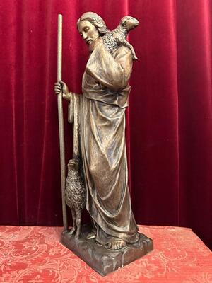Statue Jesus The Good Shepherd Suitable For Outdoor Use ! style Gothic - Style en Bronze, 20 th century ( Anno 1955 )