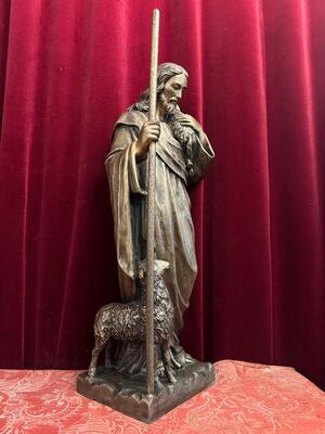 Statue Jesus The Good Shepherd Suitable For Outdoor Use ! style Gothic - Style en Bronze, 20 th century ( Anno 1955 )