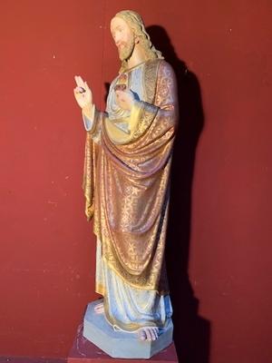Statue Sacred Heart style Gothic - style en Terra - Cotta Polychrome, France 19th century