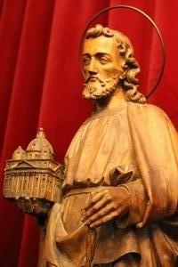 Statue St. Joseph With A Copy Of St. Peter’S At Rome  style Gothic - style en hand-carved wood , Dutch 19th century (ANNO ABOUT 1865)