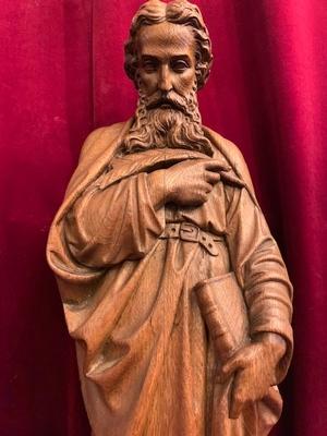 Statue St. Mattheus style Gothic - style en hand-carved wood Oak, Belgium 19th century ( anno 1875 )