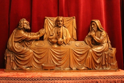 The Emmaus-Experience / Very Fine Wood-Carving / Altar-Panel / The Netherlands / Anno About 1865 style Gothic - style en hand-carved wood Oak, Dutch 19th century ( ANNO ABOUT 1865 )