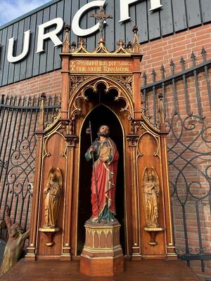 Unique Pilgrim Altar Dedicated To St. James ( Jacobus ) Of Compostella style Gothic - Style en Oak wood / All sculptures are hand - carved wood., Spain 19 th century