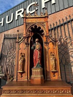 Unique Pilgrim Altar Dedicated To St. James ( Jacobus ) Of Compostella style Gothic - Style en Oak wood / All sculptures are hand - carved wood., Spain 19 th century