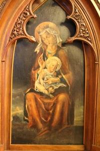 Tryptich With Paintings ( Painted On Panel ) style Gothic en Wood walnut, France 19th century
