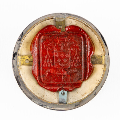 Multi Reliquary Ex Ossibus Relics : S. Agnes,  S. Cecilia, S. Scholastica,S. Petronilla. With Original Document    en Brass / Glass / Wax Seal, Gent - Belgium  19 th century ( Anno 1869 )