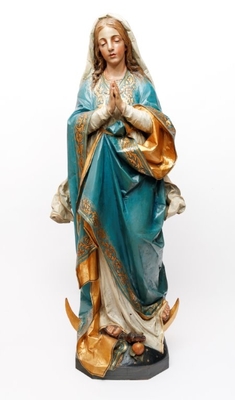 Statue St. Mary Immaculatae Conceptionis Fully Hand-Carved Wood / Polychrome style Neo - Gothic - Style en hand-carved wood polychrome, Southern Germany 19th century (1855)