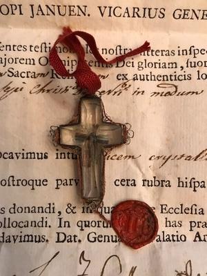 1  Originally Sealed Relic Ex Ligno S. Crucis Dnjc Rock - Crystal Cross In Silver Frame With Original Document