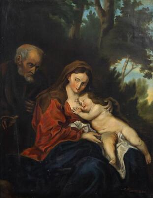 Painting Copy After Anthony Van Dyck Oil On Canvas Rest On The Flight Into Egypt, Signed : C. Vancaneghem And Dated 1916 en Painten on Canvas, Belgium  20 th century ( Anno 1916 )
