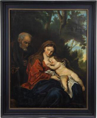 Painting Copy After Anthony Van Dyck Oil On Canvas Rest On The Flight Into Egypt, Signed : C. Vancaneghem And Dated 1916 en Painten on Canvas, Belgium  20 th century ( Anno 1916 )