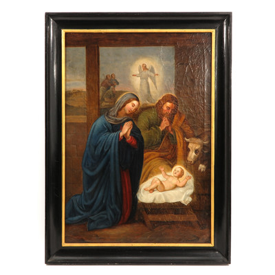 Painting Nativity Scene en Wooden Frame / Painted on Linen, Belgium  19 th century