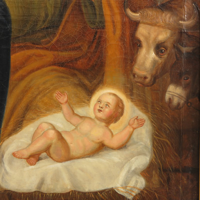 Painting Nativity Scene en Wooden Frame / Painted on Linen, Belgium  19 th century
