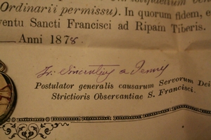 Relic St. Fidelis A Limaringa M. Ex Ossibus With Document Rome - Italy 19th century ( 1878 )