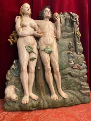 Relief Adam & Eve  en Carved Wood Polychrome, Southern Germany 20th century