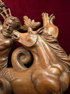 Relief:  Horses Of Neptune en Hand - Carved Wood Oak, 20 th century ( Anno 1920 )