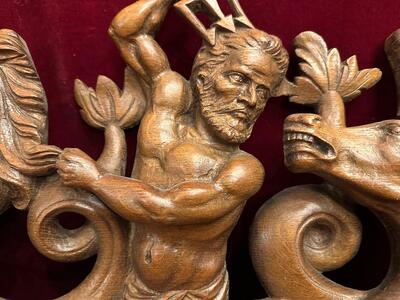 Relief:  Horses Of Neptune en Hand - Carved Wood Oak, 20 th century ( Anno 1920 )