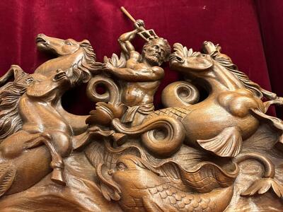 Relief:  Horses Of Neptune en Hand - Carved Wood Oak, 20 th century ( Anno 1920 )