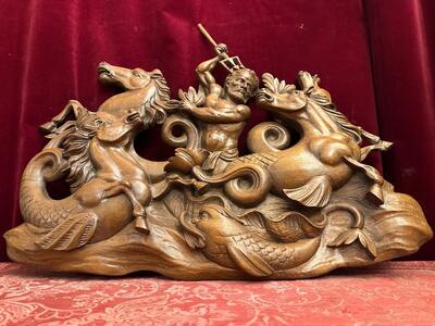 Relief:  Horses Of Neptune en Hand - Carved Wood Oak, 20 th century ( Anno 1920 )