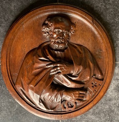 Relief St. Peter  en Hand - Carved Wood Oak, Belgium  19 th century
