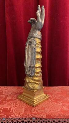 Reliquary - Arm Relic Ex Ossibus St. Ignatii Loyola en Hand - Carved Wood Polychrome , Italy  18 th century ( Anno 1735 )