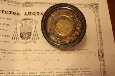Reliquary Ex Ossibus St. Stephani. With Original Document en Full Silver, Belgium 1872
