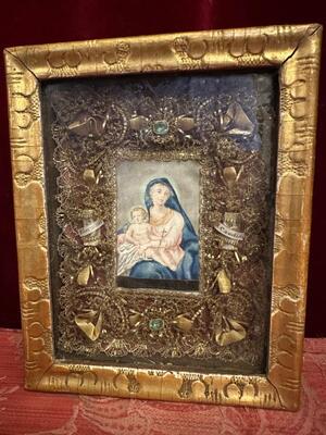Reliquary /  Monastery - Work Relics: Ex Ossibus St. Germanus & St. Candida en Wood / Stones / Embroidery / Glass / Painted Imagination of St. Mary with Child, Austria 19 th century ( Anno 1865 )