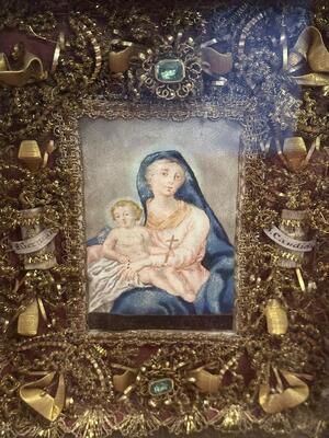 Reliquary /  Monastery - Work Relics: Ex Ossibus St. Germanus & St. Candida en Wood / Stones / Embroidery / Glass / Painted Imagination of St. Mary with Child, Austria 19 th century ( Anno 1865 )