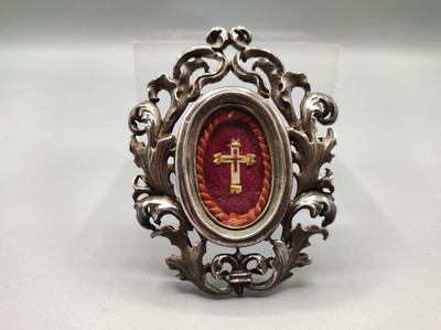 Reliquary - Relic Containing The Relic Of The True Cross (Ex Ligno Crucis) Complete With Seal And Threads en Silver / Glass / Wax Seal , Italy  19 th century