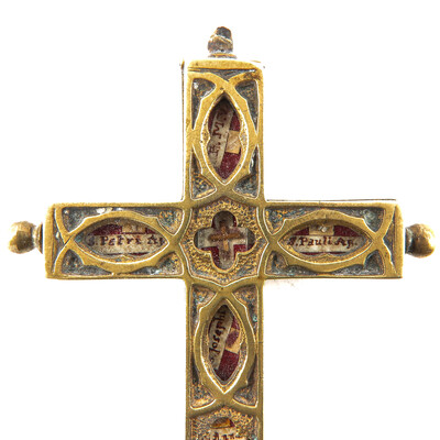 Reliquary - Relic Cross en Bronze / Glass / Originally Sealed, Italy 19 th century