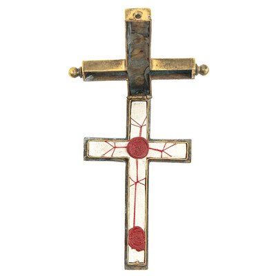 Reliquary - Relic Cross en Bronze / Glass / Originally Sealed, Italy 19 th century