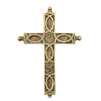 Reliquary - Relic Cross en Bronze / Glass / Originally Sealed, Italy 19 th century