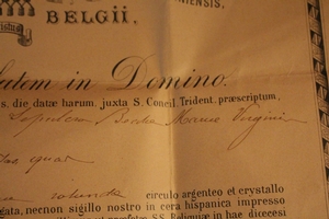 Reliquary / Relic. Ex Camisia Beate Maria V. Original Document. en Brass, Italy 19th century