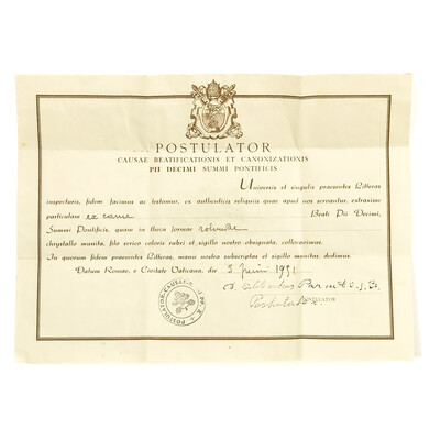 Reliquary - Relic Ex Carne Pius X With Original Document 20 th century ( Anno 1951 )