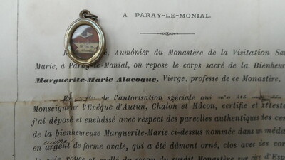 Reliquary - Relic Ex Cendres St. Margaretha Maria Alacoque With Original Document en Brass / Glass / Wax Seal, France 19 th century