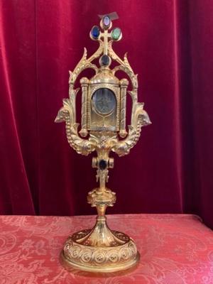 Reliquary - Relic Ex Ligno S. Crucis With 12 Apostles en Bronze / Polished / New Varnished / Stones / Glass / Wax Seal, France 18th century