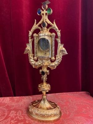 Reliquary - Relic Ex Ligno S. Crucis With 12 Apostles en Bronze / Polished / New Varnished / Stones / Glass / Wax Seal, France 18th century