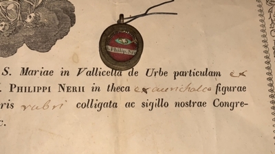 Reliquary Relic Ex Lintelo S. Philippi Neri With Original Document en Brass / Glass / Originally Sealed, Italy 19th century ( anno 1869 )