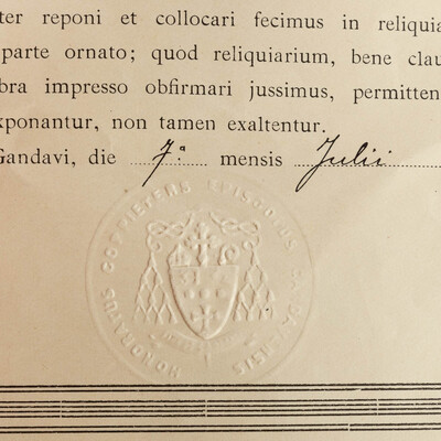 Reliquary - Relic Ex Ossibus Bernardus Abbot With Original Document en Brass / Glass / Wax Seal, Belgium  19 th century
