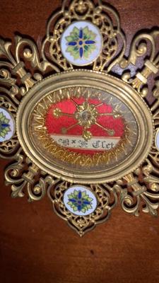 Reliquary - Relic Ex Ossibus Francisci Glet M. With Document en Brass / Glass / Enamel / Originally Sealed, France 20th century ( 1901 )