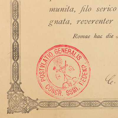 Reliquary - Relic Ex Ossibus Gerardi Majella With Original Document en Brass / Glass / Wax Seal, Belgium  19 th century