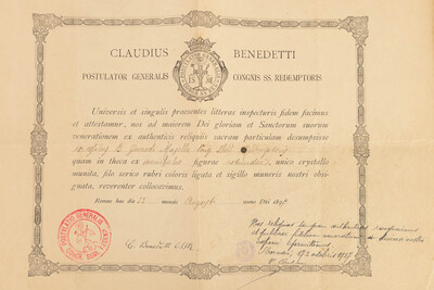 Reliquary - Relic Ex Ossibus Gerardi Majella With Original Document en Brass / Glass / Wax Seal, Belgium  19 th century