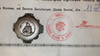 Reliquary - Relic Ex Ossibus Maria Goretti With Original Document en Brass / Glass / Wax Seal, Belgium  20 th century