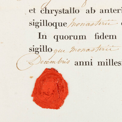 Reliquary - Relic Ex Ossibus Sa. Leontia.M. With Original Document en Brass / Glass / Wax Seal, Belgium  19 th century ( Anno 1858 )