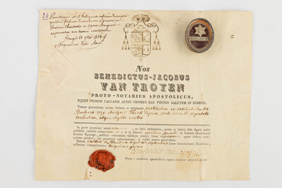 Reliquary - Relic Ex Ossibus Sancta Barbara Virg. Martyris. With Original Document en Brass / Glass / Wax Seal, Belgium  19 th century ( Anno 1831 )