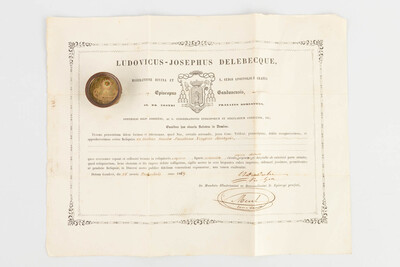 Reliquary - Relic Ex Ossibus Sancta Faustinae Virginis Martyris. With Origina Document en Brass / Glass / Wax Seal, Belgium  19 th century ( Anno 1859 )