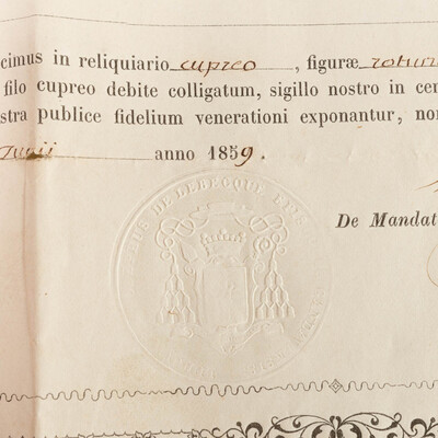 Reliquary - Relic Ex Ossibus Sancta Philomenae Virginis Martyris. With Original Document en Brass / Glass / Wax Seal, Belgium  19 th century ( Anno 1859 )