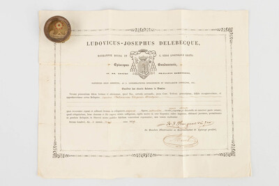 Reliquary - Relic Ex Ossibus Sancta Philomenae Virginis Martyris. With Original Document en Brass / Glass / Wax Seal, Belgium  19 th century ( Anno 1859 )