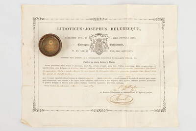 Reliquary - Relic Ex Ossibus Sancta Sabina. With Original Document en Brass / Glass / Wax Seal, Belgium  19 th century ( Anno 1859 )
